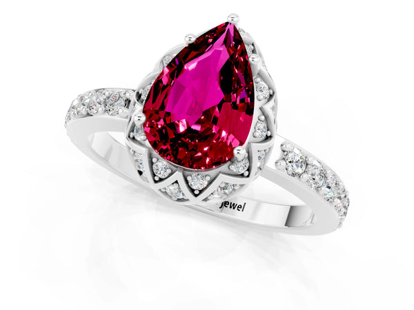 White gold Pear Cut Garnet Scalloped Halo Engagement Ring with Round Shared Prong Band