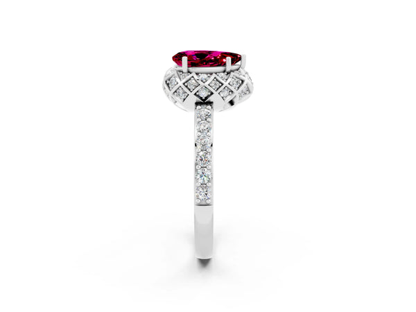 White gold Pear Cut Garnet Scalloped Halo Engagement Ring with Round Shared Prong Band