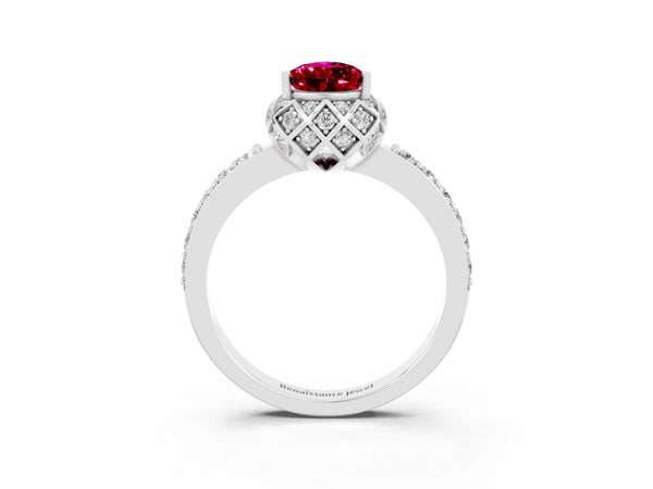 White gold Pear Cut Garnet Scalloped Halo Engagement Ring with Round Shared Prong Band
