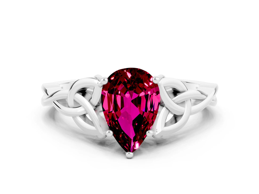 White gold Pear Cut Garnet Solitaire Celtic Knot Ring with Four-Prong Setting_12
