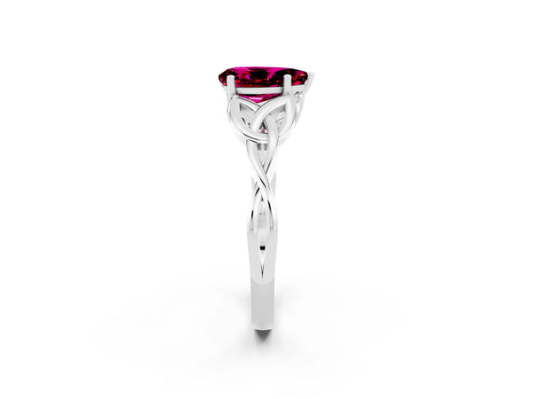 Silver Pear Cut Garnet Solitaire Celtic Knot Ring with Four-Prong Setting