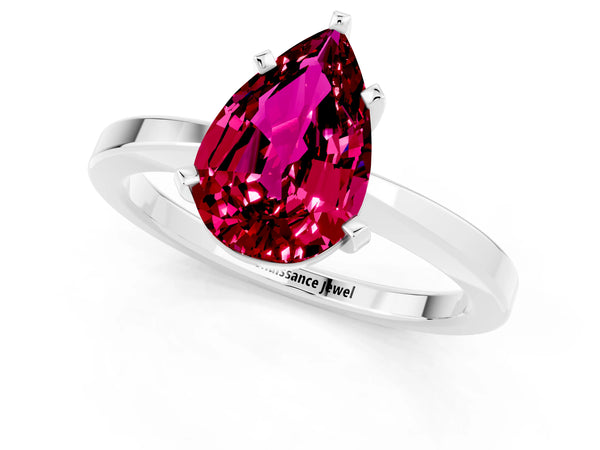 Silver Pear Cut Garnet Solitaire Engagement Ring with Classic Band and Four-Prong Setting
