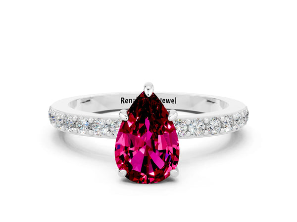 Platinum Pear Cut Garnet Solitaire Engagement Ring with Pavé Band and Four-Prong Setting