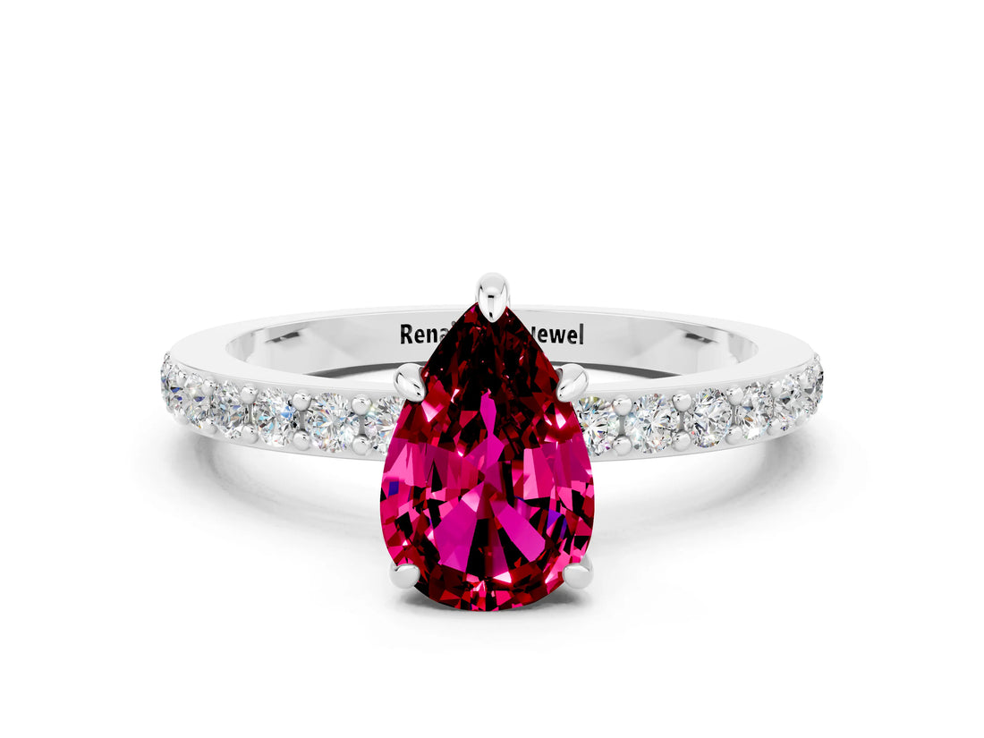 White gold Pear Cut Garnet Solitaire Engagement Ring with Pavé Band and Four-Prong Setting