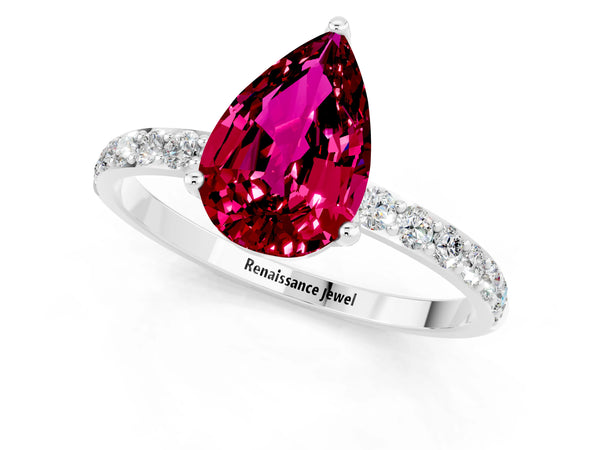 Platinum Pear Cut Garnet Solitaire Engagement Ring with Round  Pavé Band and Prong Setting