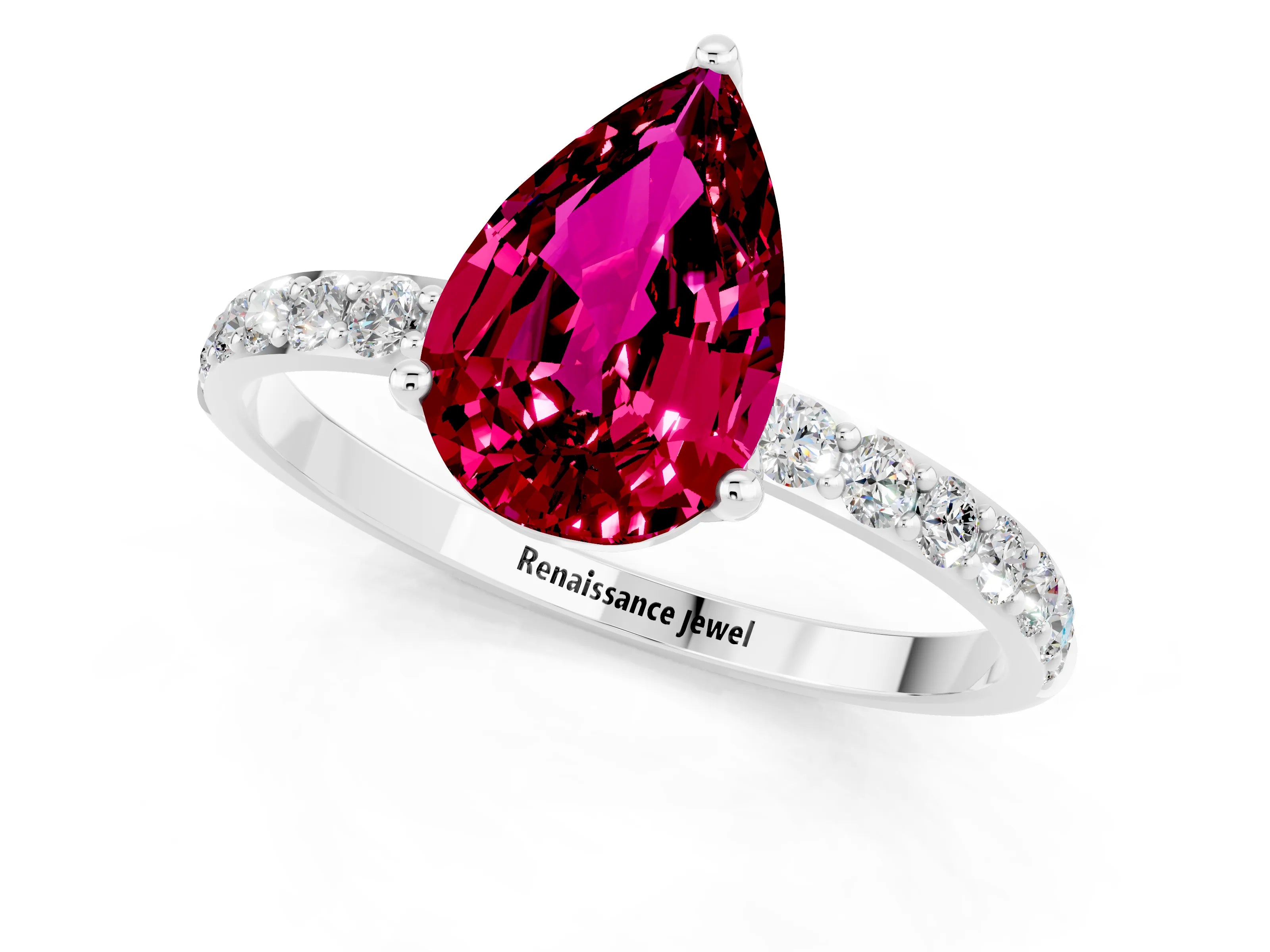 White gold Pear Cut Garnet Solitaire Engagement Ring with Pavé Band and Prong Setting_1
