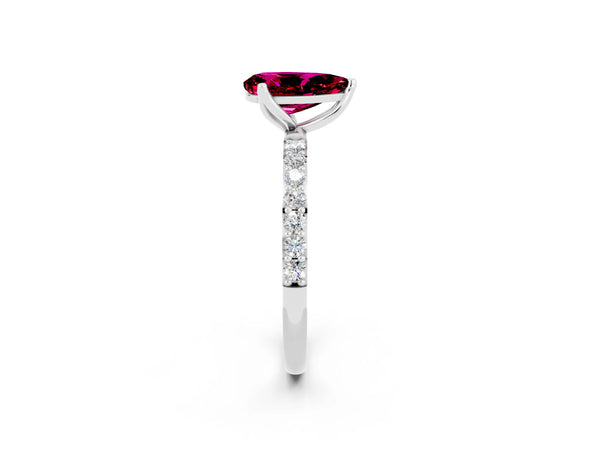 White gold Pear Cut Garnet Solitaire Engagement Ring with Round  Pavé Band and Prong Setting
