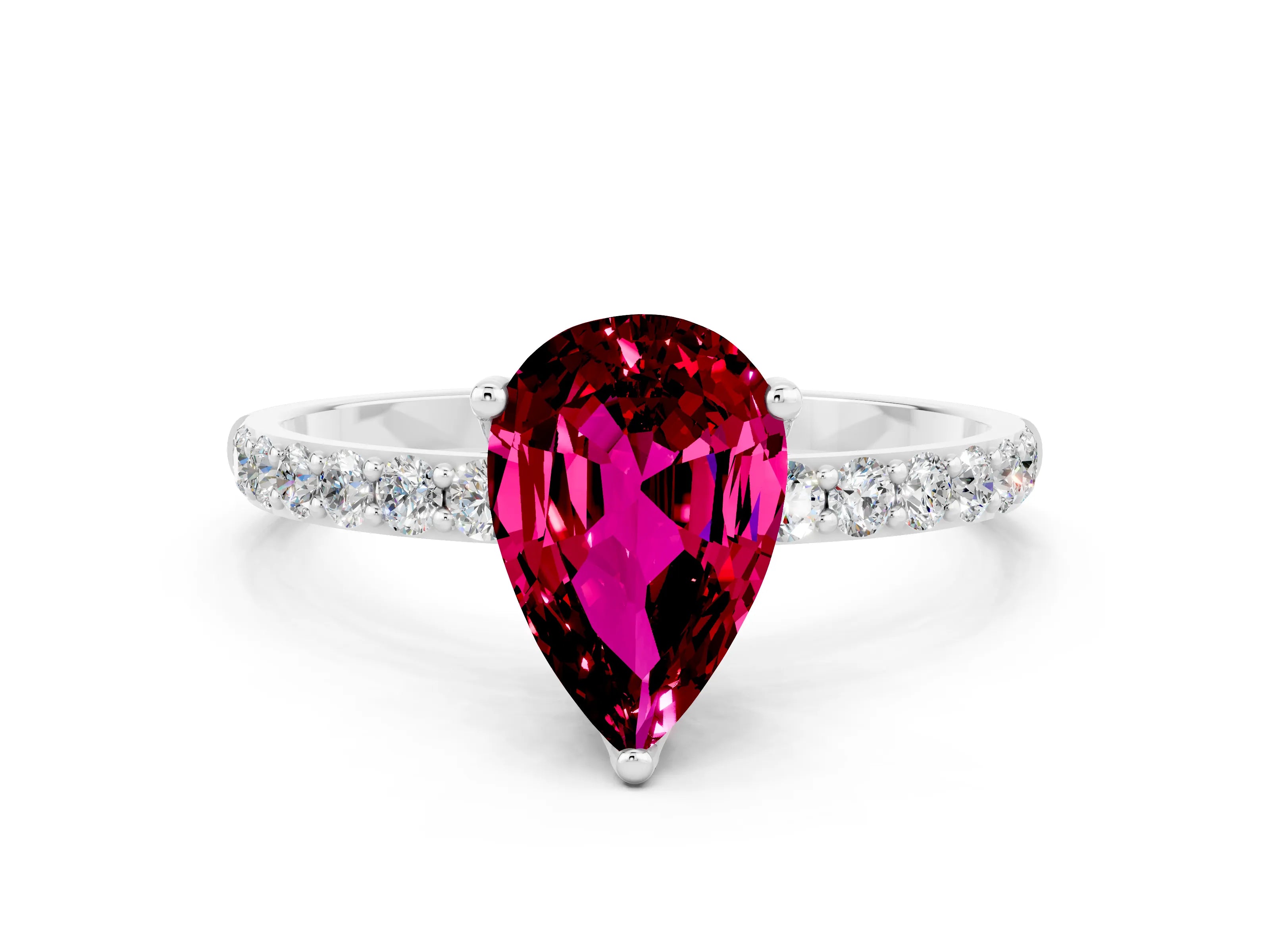 White gold Pear Cut Garnet Solitaire Engagement Ring with Pavé Band and Prong Setting