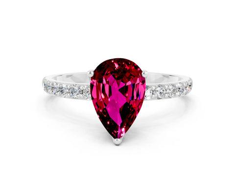 White gold Pear Cut Garnet Solitaire Engagement Ring with Pavé Band and Prong Setting