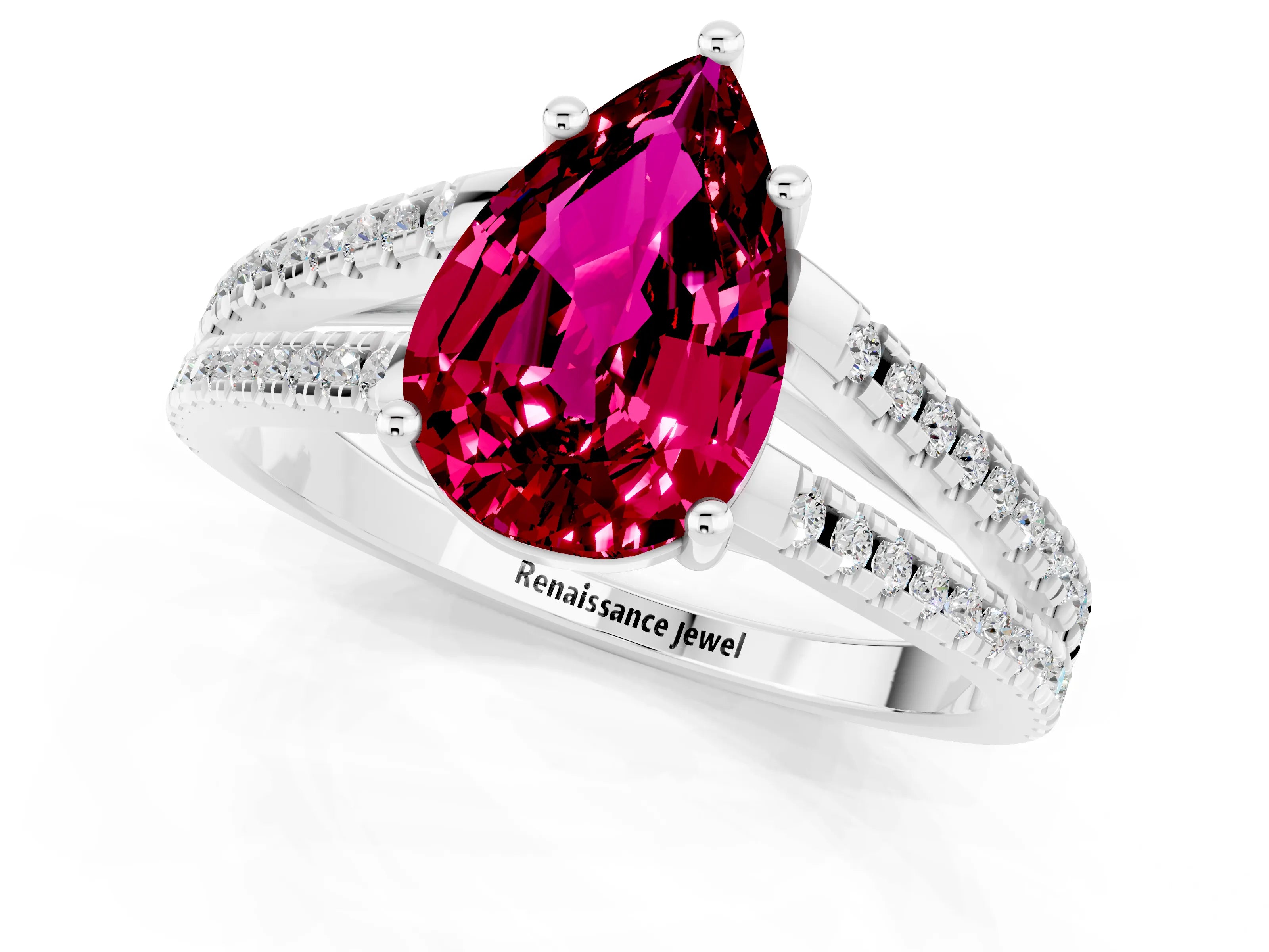 White gold Pear Cut Garnet Solitaire Engagement Ring with Split Shank Pavé Band_1