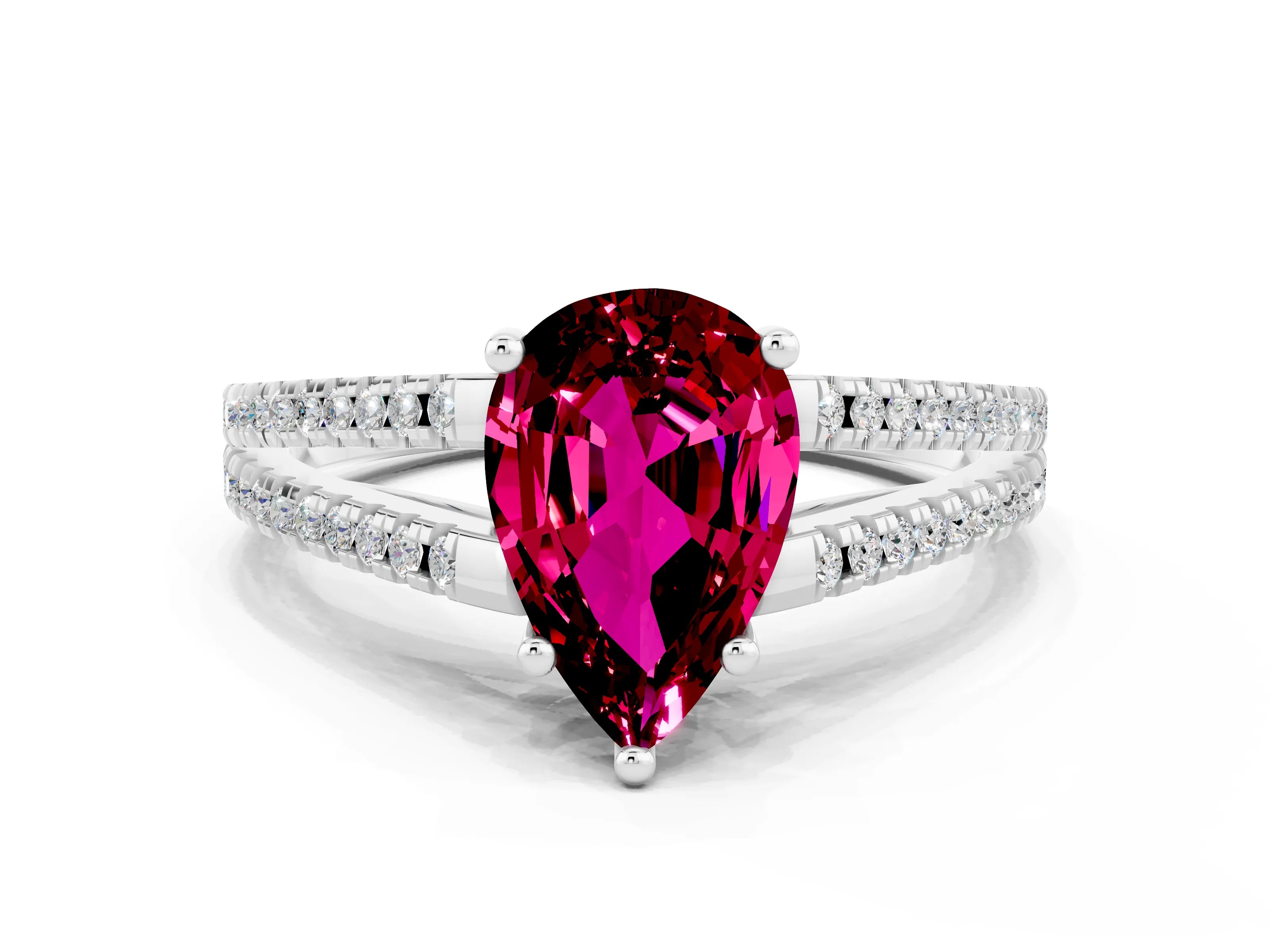 White gold Pear Cut Garnet Solitaire Engagement Ring with Split Shank Pavé Band