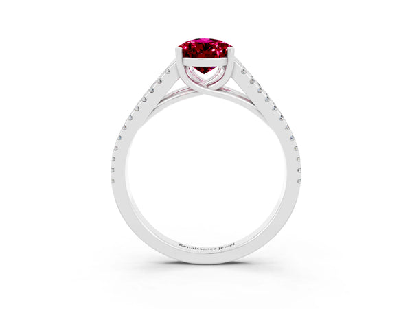 Platinum Pear Cut Garnet Solitaire Engagement Ring with Split Shank Pavé Band