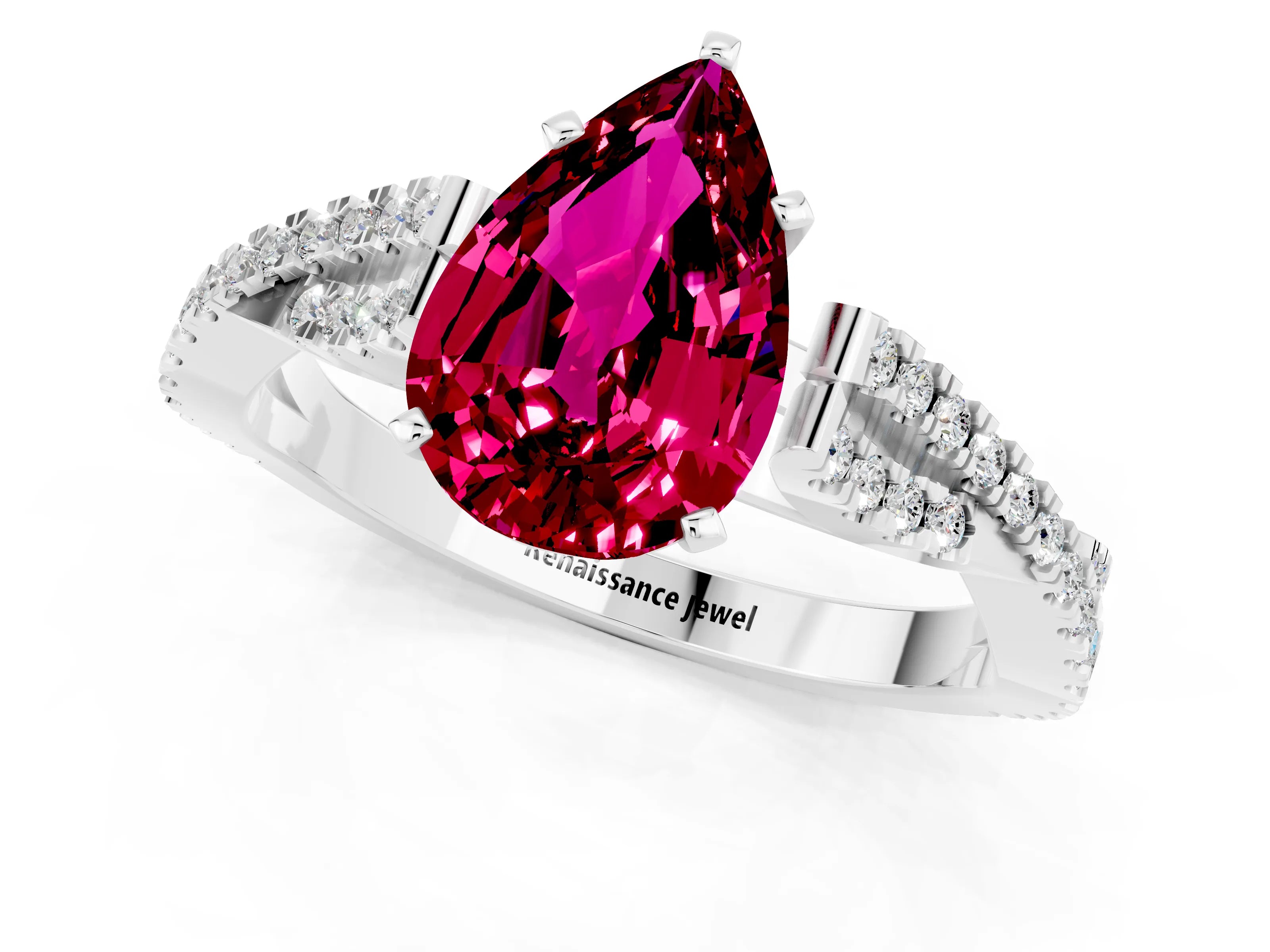 White gold Pear Cut Garnet Solitaire Engagement Ring with Twisted Pavé Band and Four-Prong Setting_1