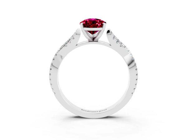 Platinum Pear Cut Garnet Solitaire Engagement Ring with Twisted Pavé Band and Four-Prong Setting