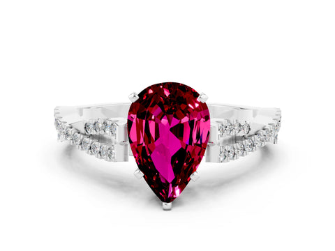 White gold Pear Cut Garnet Solitaire Engagement Ring with Twisted Pavé Band and Four-Prong Setting