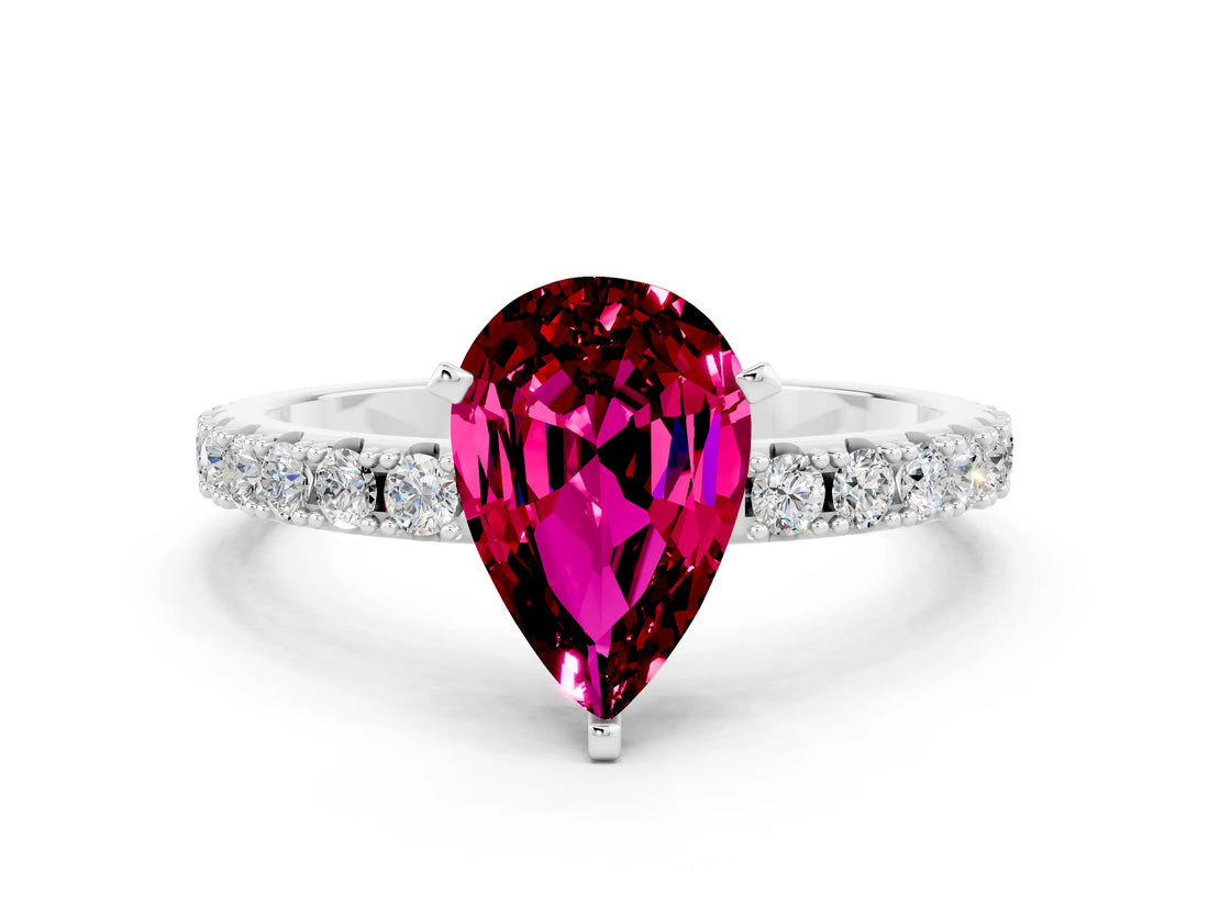 White gold Pear Cut Garnet Solitaire Pavé Band with Four-Prong Setting