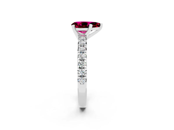 Platinum Pear Cut Garnet Solitaire Pavé Engagement Ring with Round Band and Prong Setting