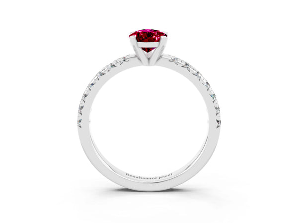 Platinum Pear Cut Garnet Solitaire Pavé Engagement Ring with Round Band and Prong Setting