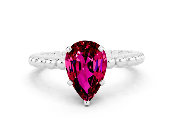 Platinum Pear Cut Garnet Solitaire Ring with Beaded Band and Prong Setting