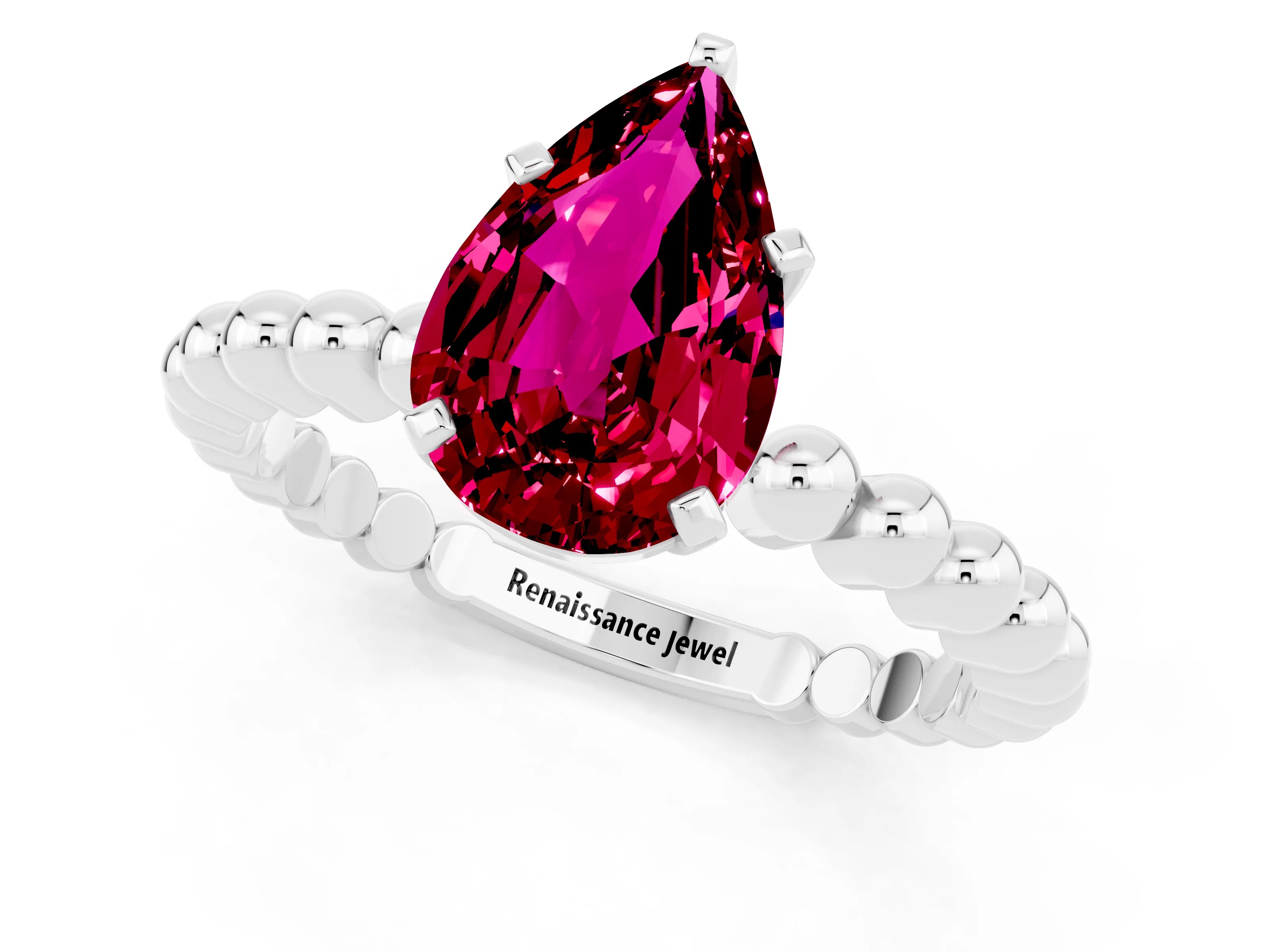 White gold Pear Cut Garnet Solitaire Ring with Beaded Band and Prong Setting_13