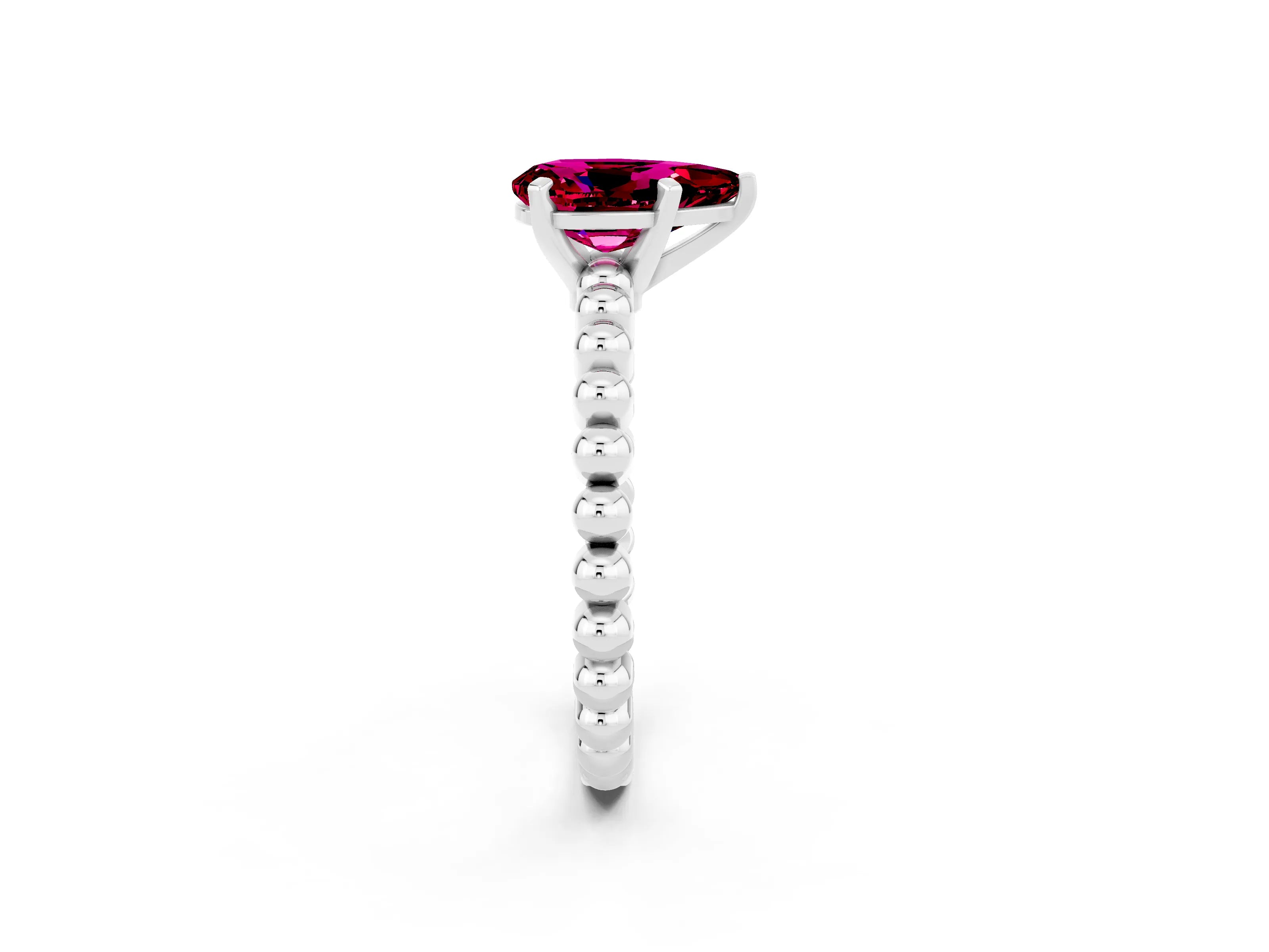 White gold Pear Cut Garnet Solitaire Ring with Beaded Band and Prong Setting_2