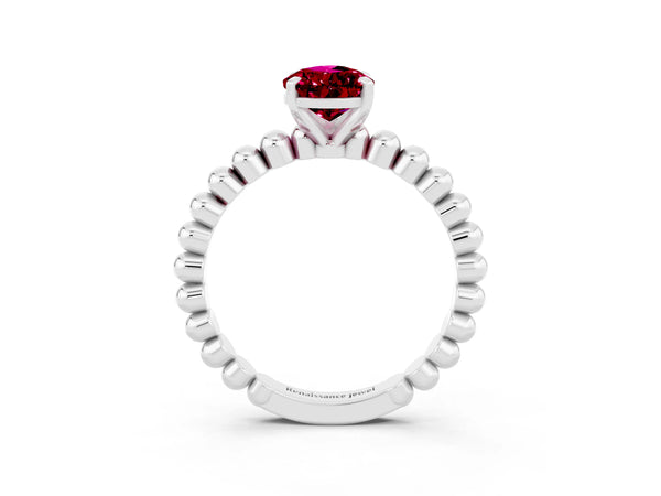 Silver Pear Cut Garnet Solitaire Ring with Beaded Band and Prong Setting