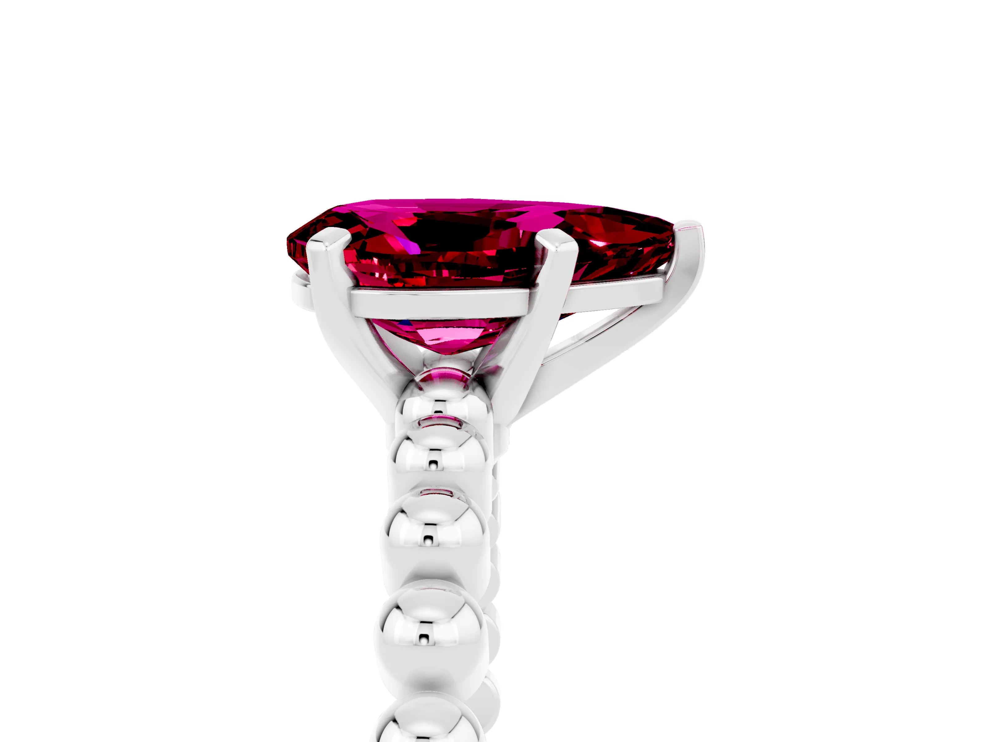 White gold Pear Cut Garnet Solitaire Ring with Beaded Band and Prong Setting_5