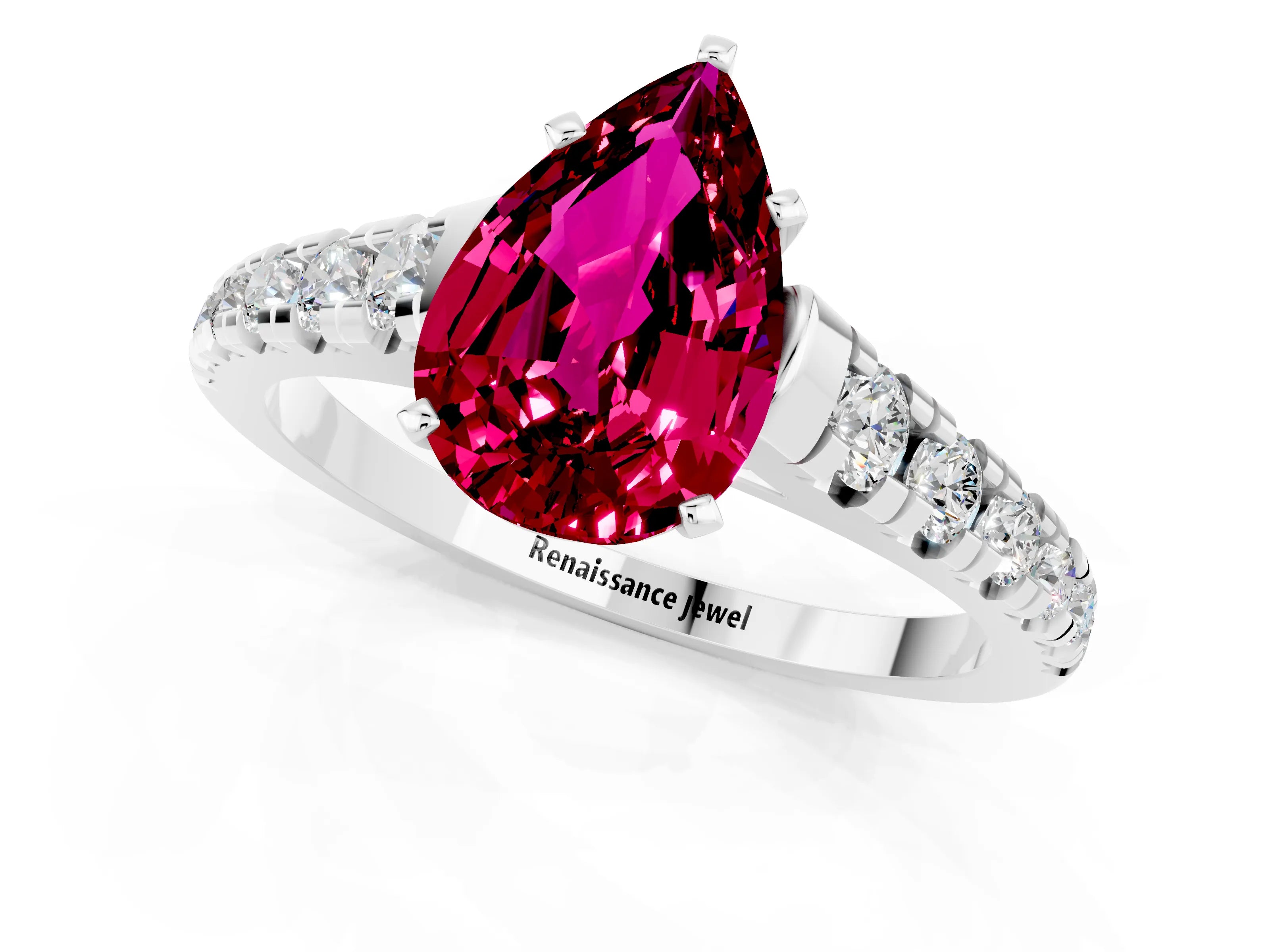 White gold Pear Cut Garnet Solitaire Ring with Cathedral Setting and Pavé Band_1