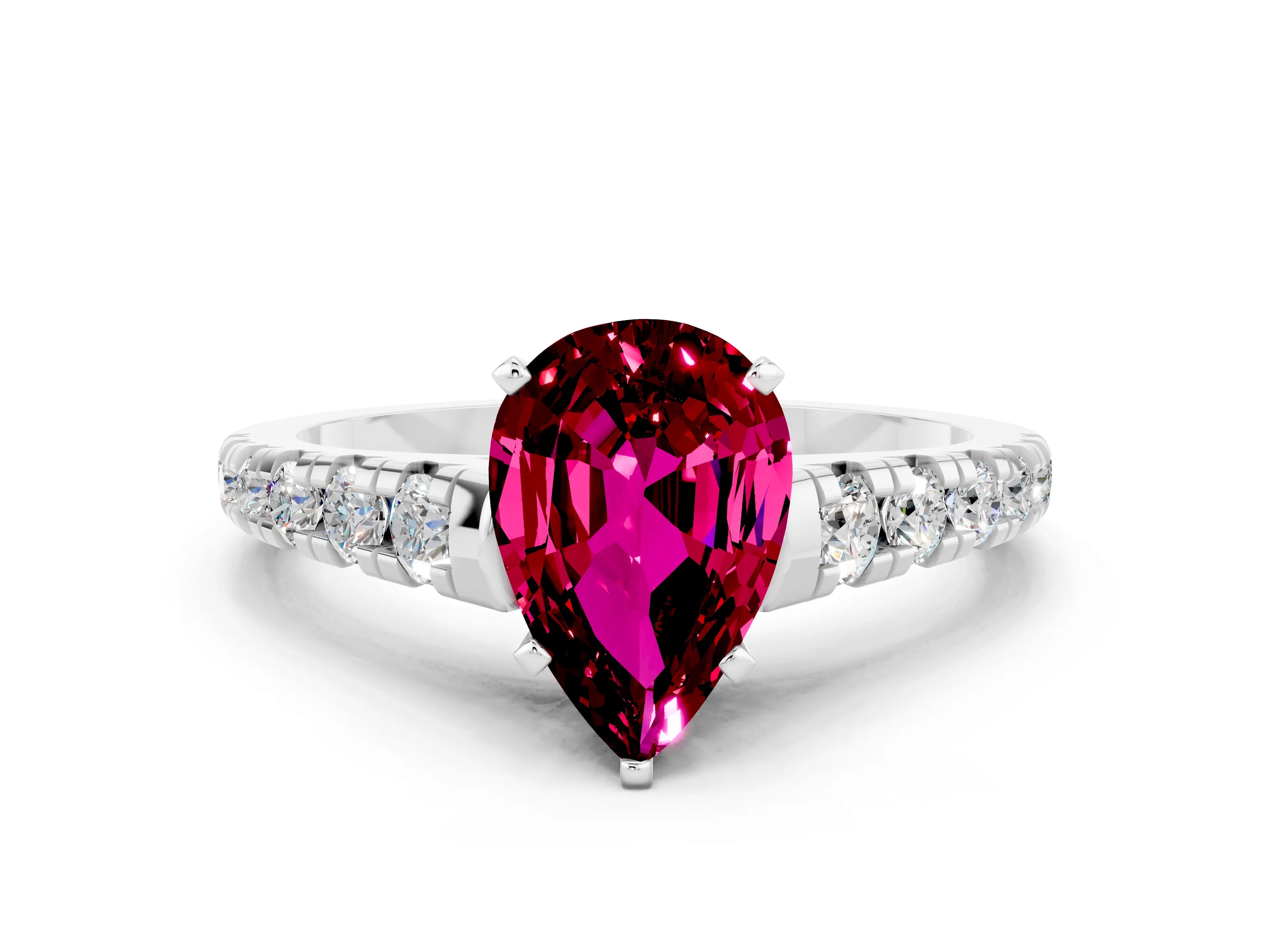White gold Pear Cut Garnet Solitaire Ring with Cathedral Setting and Pavé Band