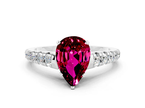 White gold Pear Cut Garnet Solitaire Ring with Cathedral Setting and Pavé Band