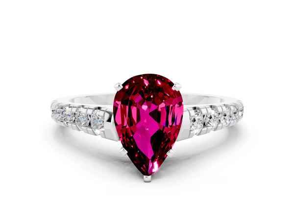 White gold Pear Cut Garnet Cathedral Solitaire Ring with Round  Pavé Band