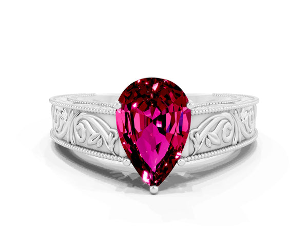 Platinum Pear Cut Garnet Solitaire Ring with Engraved Band and Four-Prong Setting