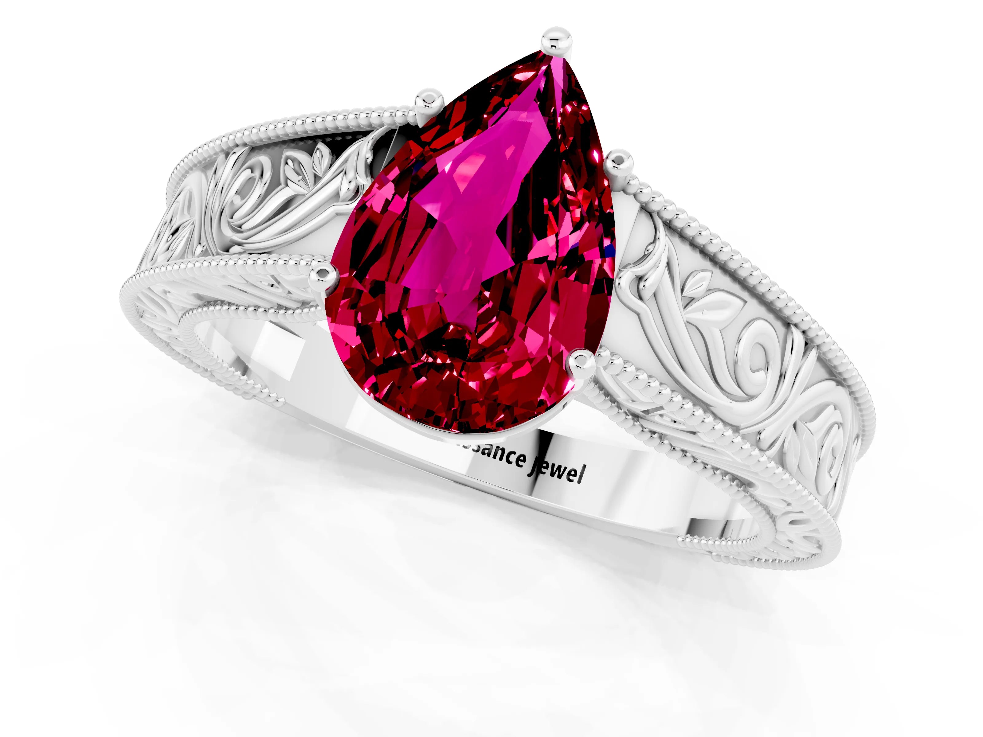 White gold Pear Cut Garnet Solitaire Ring with Engraved Band and Four-Prong Setting_1