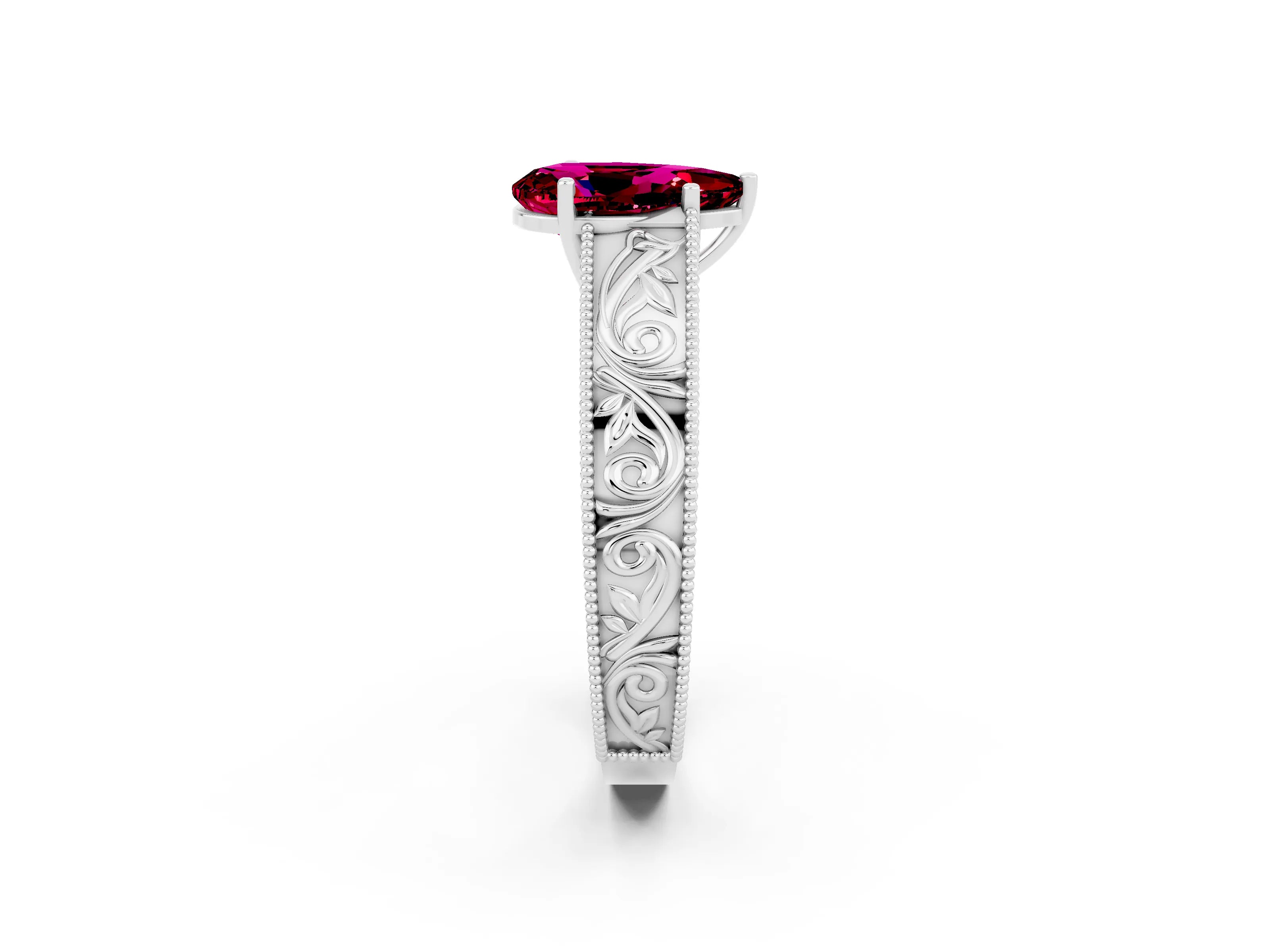 White gold Pear Cut Garnet Solitaire Ring with Engraved Band and Four-Prong Setting_2
