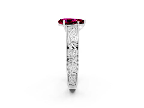 White gold Pear Cut Garnet Solitaire Ring with Engraved Band and Four-Prong Setting_2