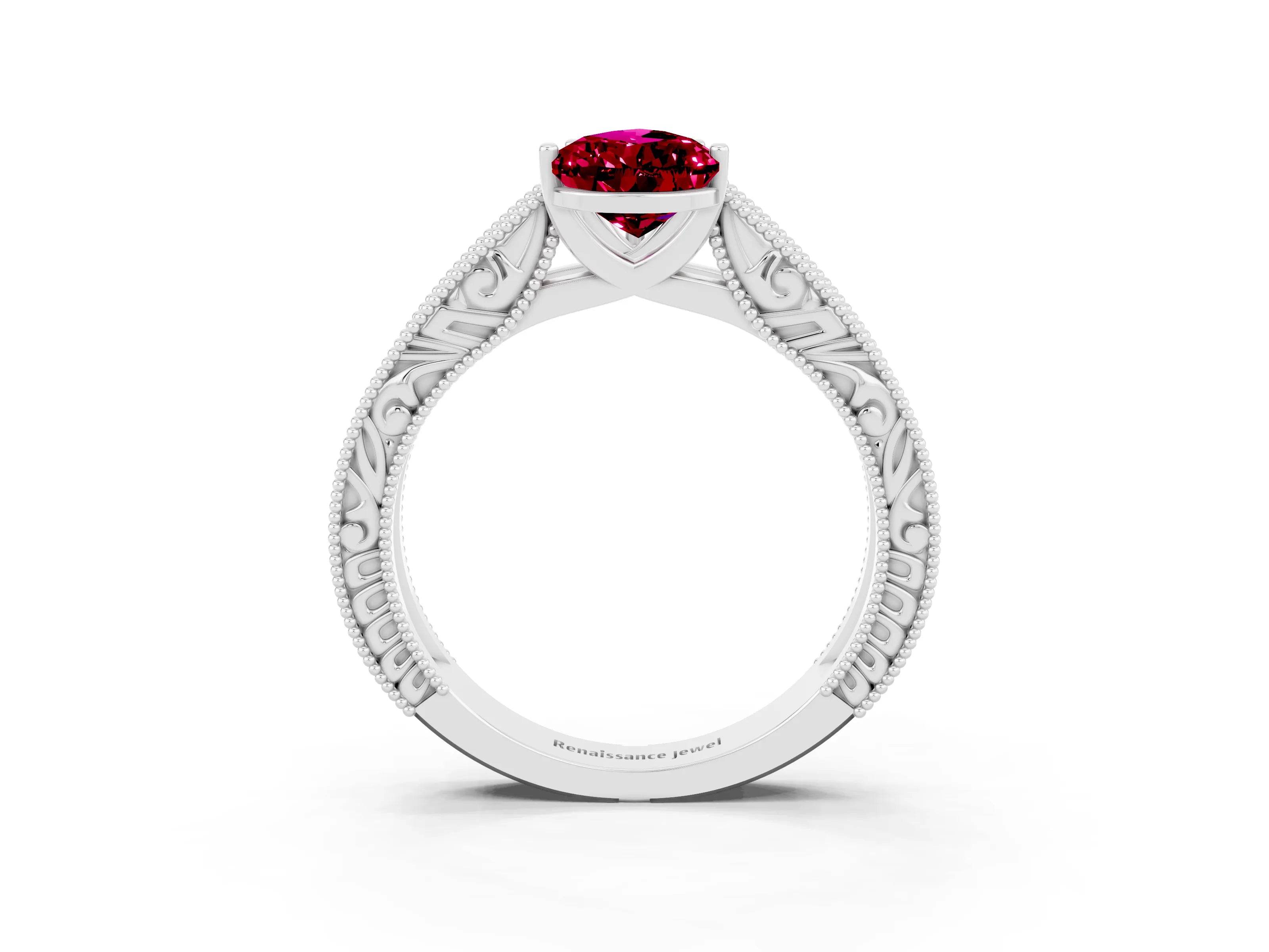 White gold Pear Cut Garnet Solitaire Ring with Engraved Band and Four-Prong Setting_3