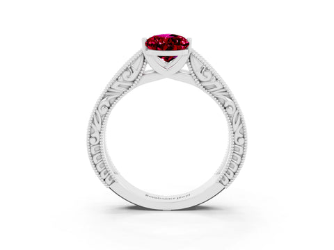 White gold Pear Cut Garnet Solitaire Ring with Engraved Band and Four-Prong Setting_3