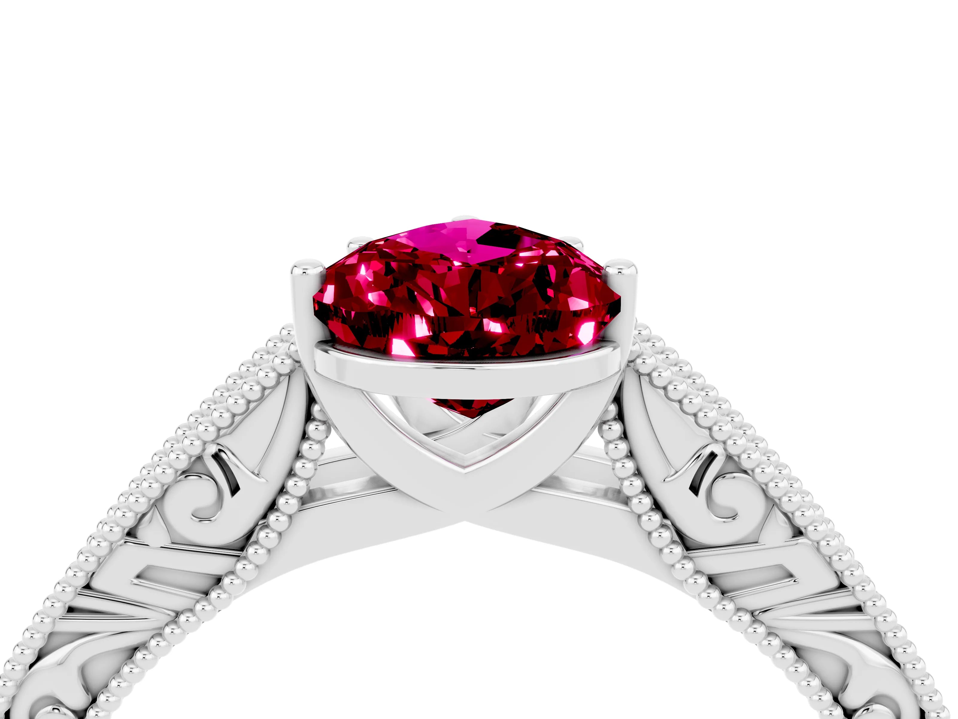 White gold Pear Cut Garnet Solitaire Ring with Engraved Band and Four-Prong Setting_4