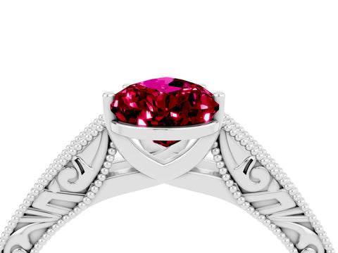 White gold Pear Cut Garnet Solitaire Ring with Engraved Band and Four-Prong Setting_4