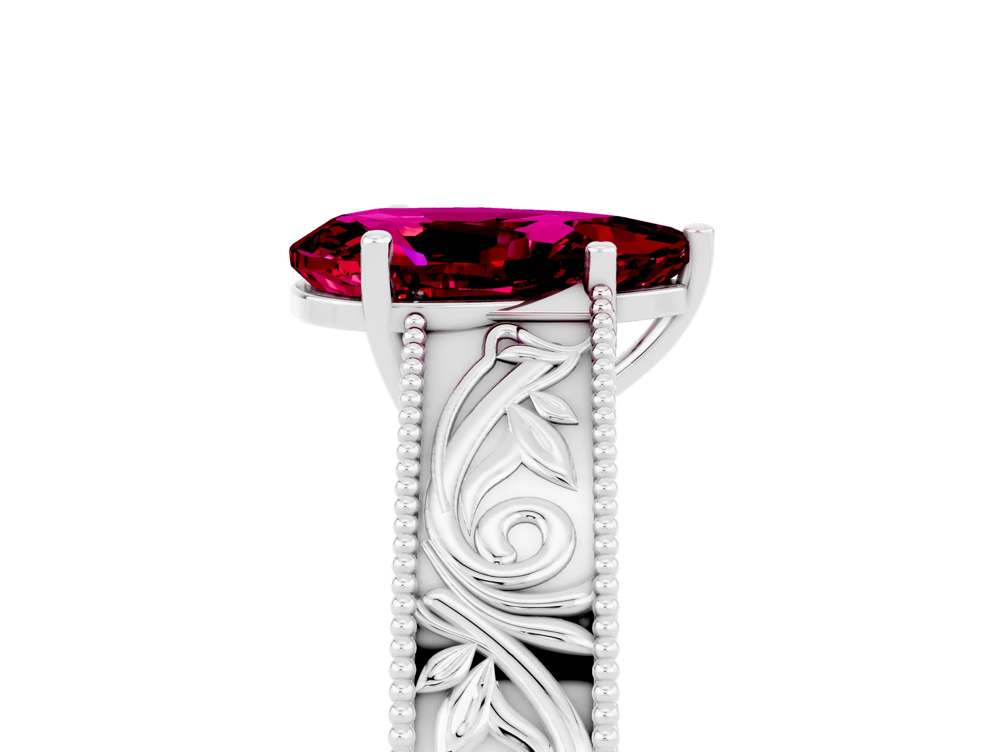 White gold Pear Cut Garnet Solitaire Ring with Engraved Band and Four-Prong Setting_5