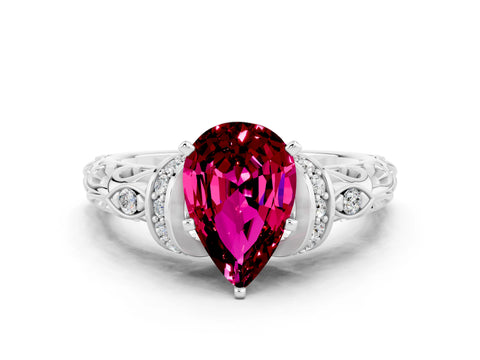 White gold Pear Cut Garnet Solitaire Ring with Filigree Band and Four-Prong Setting_56