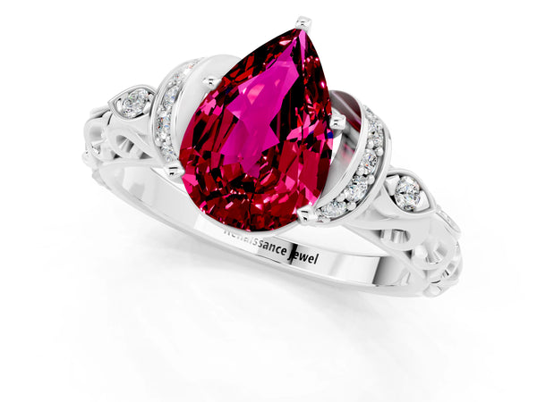 White gold Pear Cut Garnet Solitaire Ring with Filigree Band and Four-Prong Setting