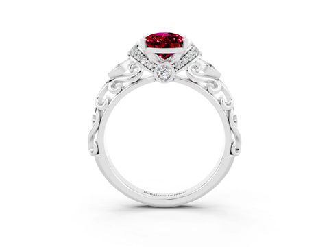 White gold Pear Cut Garnet Solitaire Ring with Filigree Band and Four-Prong Setting_59