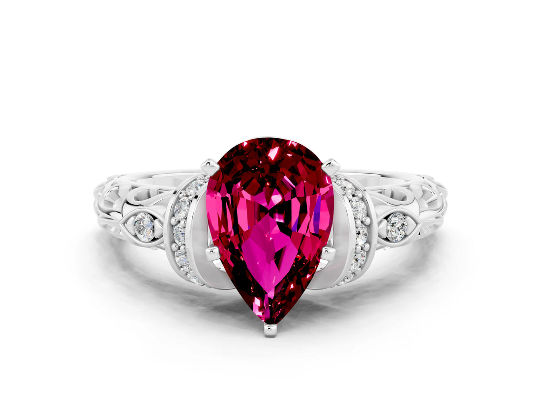 White gold Pear Cut Garnet Solitaire Ring with Filigree Band and Four-Prong Setting_60