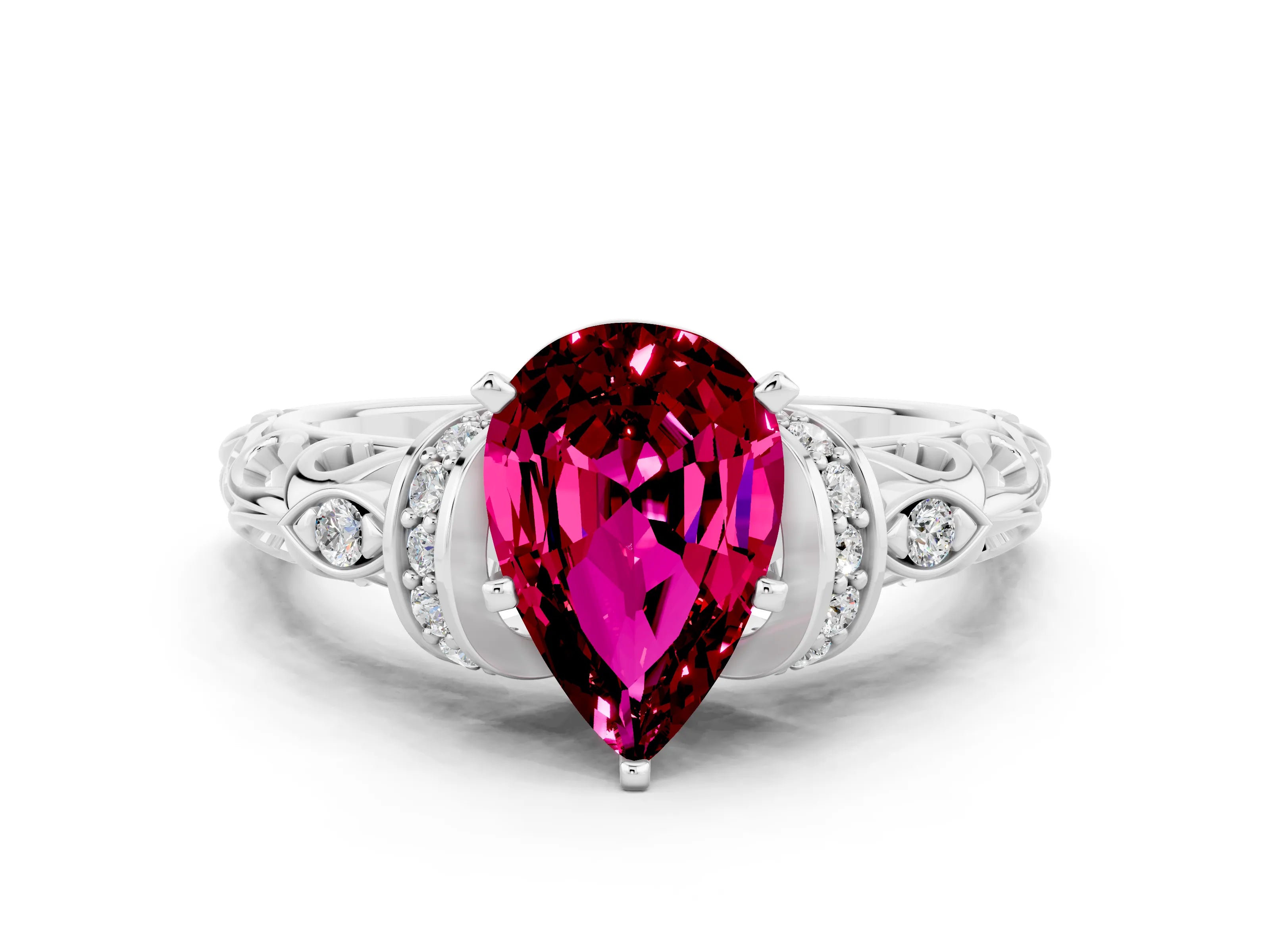 White gold Pear Cut Garnet Solitaire Ring with Filigree Band and Four-Prong Setting_60