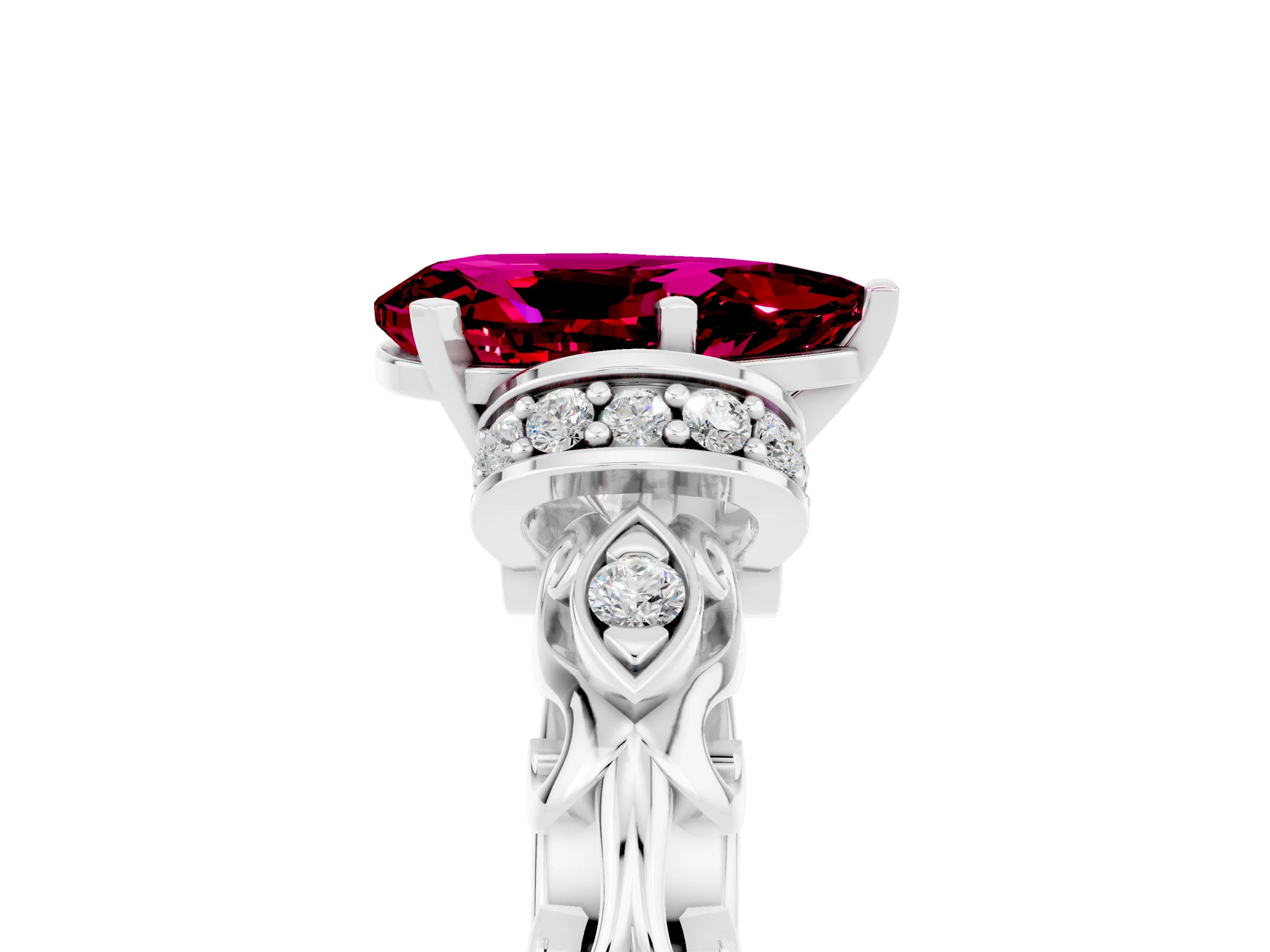 White gold Pear Cut Garnet Solitaire Ring with Filigree Band and Four-Prong Setting_61
