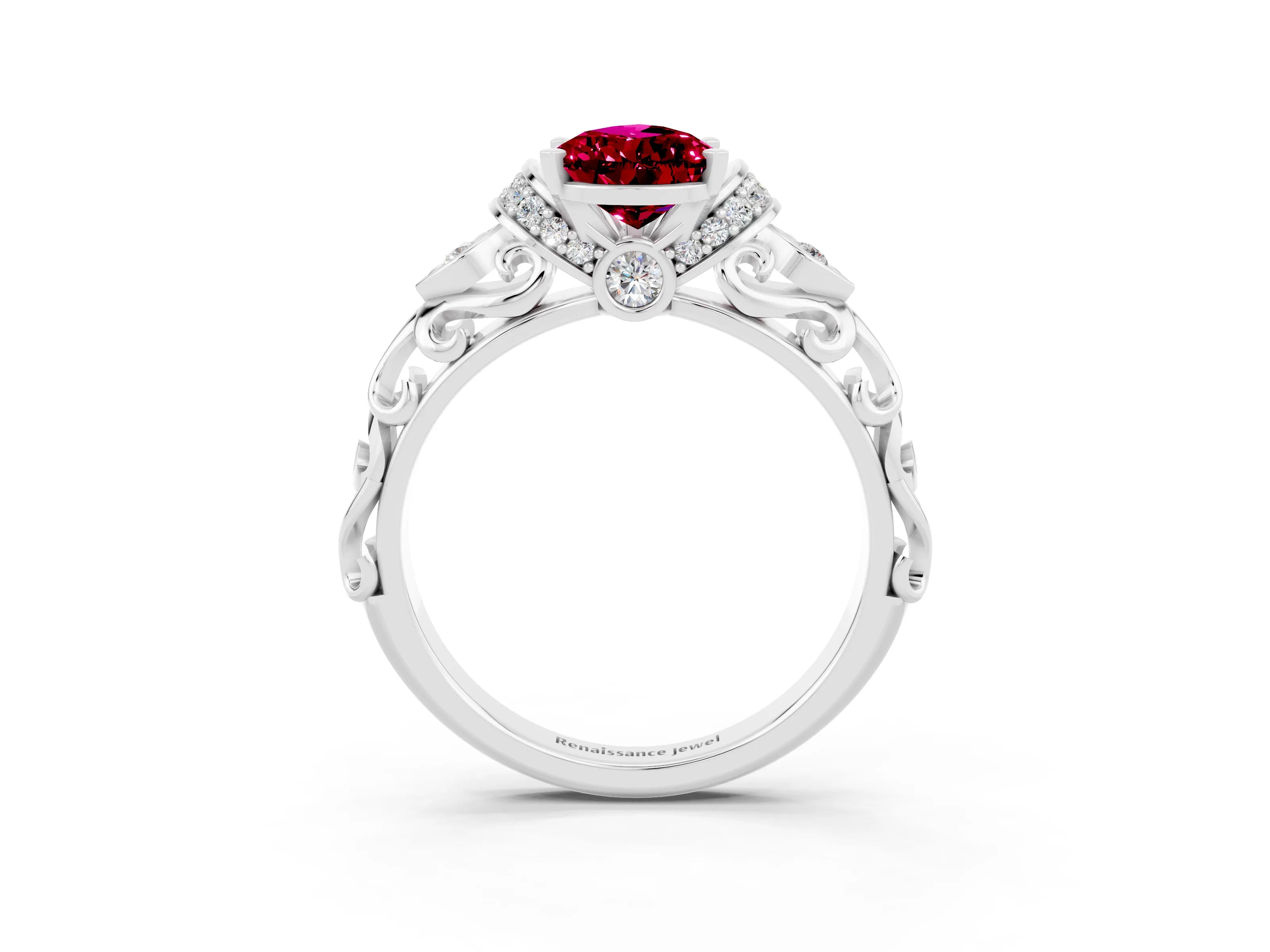 White gold Pear Cut Garnet Solitaire Ring with Filigree Band and Four-Prong Setting_63
