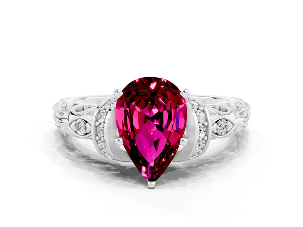 White gold Pear Cut Garnet Solitaire Ring with Filigree Band and Four-Prong Setting