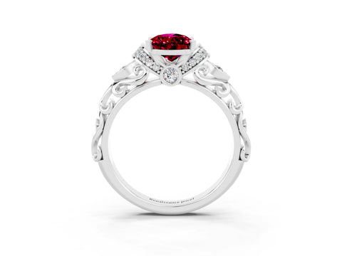 White gold Pear Cut Garnet Solitaire Ring with Filigree Band and Four-Prong Setting_71