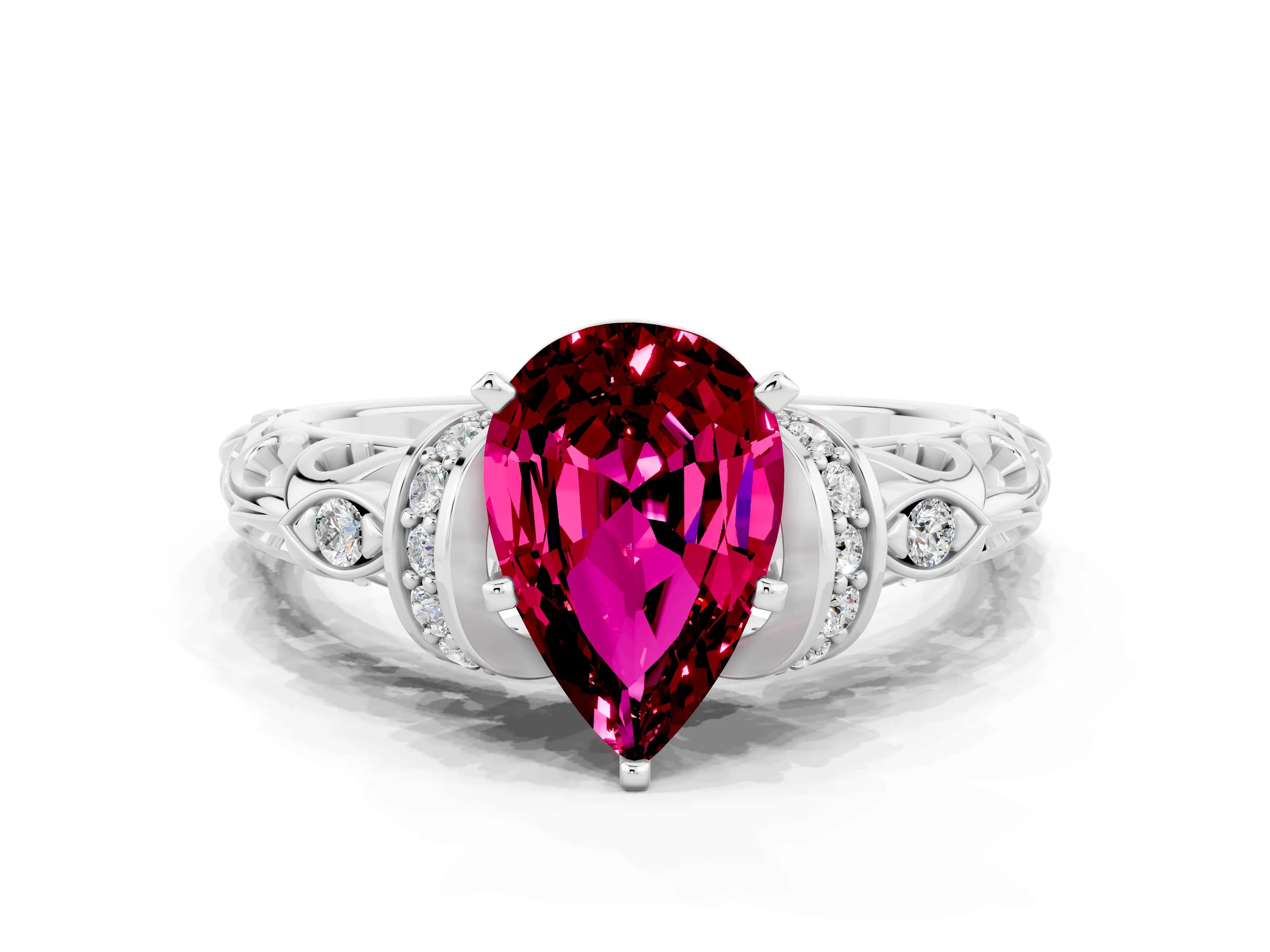 White gold Pear Cut Garnet Solitaire Ring with Filigree Band and Four-Prong Setting_72